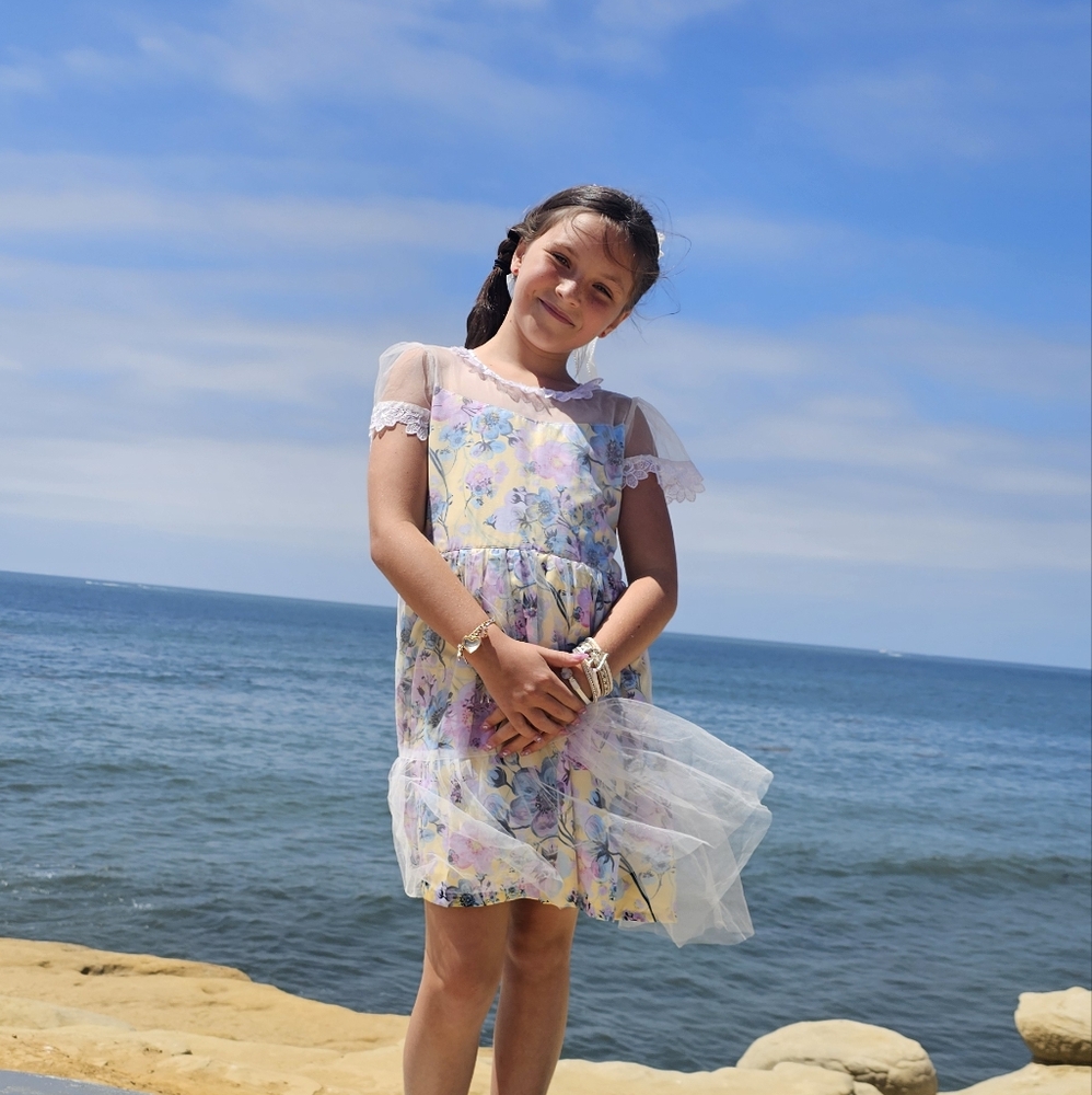 Girls 7/8 Allen Solly Formal Flower Girl Floral Tulle Dress with Lace Sleevest